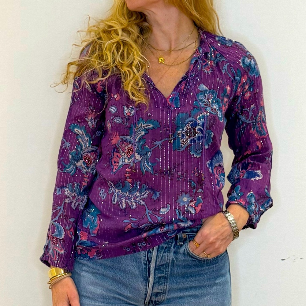 Bohemian Vintage Floral Blouse with Metallic Stripe Size Small
